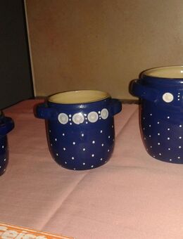 3 Stck. Schmalztöpfe mit Henkel /DDR Echt Bürgel (blau mit weißen Punkten)NEU! - Leipzig Ost