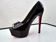 Gr. 41 - 44, sexy Plateau High Heels Peeptoe Pumps, LACK schwarz ( Sohle pink ) - Bruchköbel