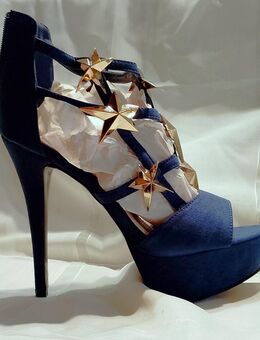 Gr. 40 sexy High Heels Plateau Sandaletten, navy blau mit Sternen gold - Bruchköbel