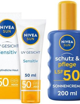 Nivea Sun Sonnenschutzpflege UV GESICHT Sensitiv Sonnenschutz LSF50 & Sonnenspray LSF50+, Set, Für empfindliche Haut, nicht fettend, unparfümiert.