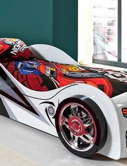 Vipack Autobett Liegefläche 90/200, Räder mit Felgen-Optik, schickes Design (B/H/T ca. 240x65x110cm, hochglanz weiß/grau lackiert, mit Lattenrost), feststehende Räder, hochwertiges MDF Trägermaterial, coole Optik