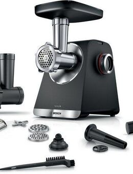 BOSCH Fleischwolf Serie 6 MFWS650B, 3,5kg/Min., 2 Lochscheiben (3 & 8mm), schwarz, 500 W, 2 Stufen, Rücklauf, Wurststopfer, 10 J Motorgarantie, Planetengetriebe