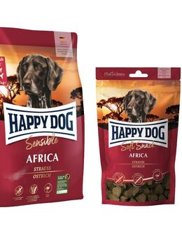 Happy Dog Kombi-Paket: Supreme Sensible 10 / 12,5 kg + 5 x 100 g Soft Snack - Sensible Africa 12,5kg + Africa 5 x 100 g