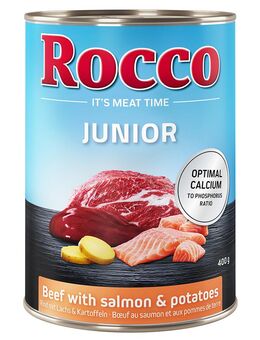 15% Rabatt! 6 x 400 g Rocco Nassfutter - Junior Rind mit Lachs und Kartoffeln