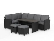 KONIFERA Gartenlounge-Set Georgia, (Set, 2x 3er Bank, 2x Hocker, 1x Tisch 145x74x67cm, Stahl, Polyrattan), inkl. Auflagen, Schwarz, Tischplatte aus Nonwood