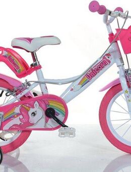 Dino Kinderfahrrad Unicorn Einhorn, 1 Gang, mit Stützrädern, Korb und Puppensitz