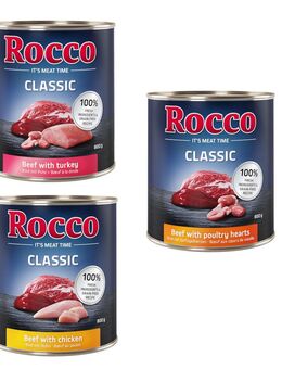 Rocco Classic Probiermix 6 x 800 g - Geflügel-Mix: Rind/Huhn, Rind/Geflügelherzen, Rind/Pute