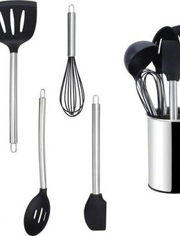 ECHTWERK Küchenorganizer-Set, (Set, 7-tlg), Kochbesteck mit Edelstahlgriff, Antihaft-Silikon, mit Utensilienhalter