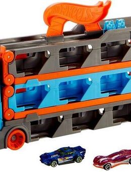 Hot Wheels Spielzeug-Transporter 2-in-1 Rennbahn-Transporter, mit drei Hot Wheels Fahrzeugen