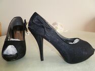 High Heels Sky Heels Sommer Sandaletten Sommer Heels Peeptoe Damenschuhe Plateau Gr.41 Satin Schwarz Glitzer NEU mit OVP.!! - Geislingen (Steige)