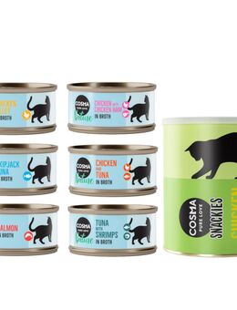 Kombi-Paket: Cosma Nature 24 x 70 g + 2 x Snackies Maxi Tube - 24 x Mix 1 (6 Sorten) + 2 x 160 g Snackies Hühnchen