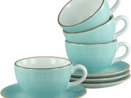 CreaTable Cappuccinotasse Vintage Nature Aqua, Cappuccino-Set, 8-tlg., Porzellan, Handgemalt, Gesprenkelt, Rustikales Außenband