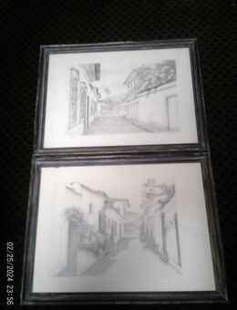 Erni  Brasilianischer Künstler XX "Stadtstaffage von Paroti " signiert u. datiert 85 Silberstiftzeichnung beide gerahmt  M:37x48 cm - Sternenfels