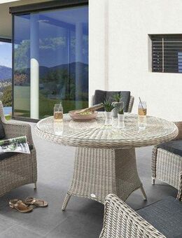 Destiny Garten-Essgruppe LUNA, (Set, 13-tlg., 4 Sessel, Tisch Ø 100x75cm, Auflagen), (Set, 13-tlg., 4x Sessel, 1 Tisch Ø 100x75cm) Aluminium, Polyrattan