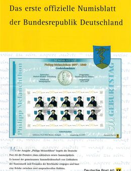 1. Numisblatt Deutschland 1997: 10 DM Münze und Briefmarken zum Gedenken an Melanchton - Mönchengladbach