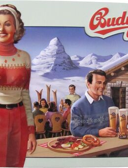 Budweiser Brauerei - Sonderedition - Frau mit Skifahrern - Blechschild 29,5 x 21 cm - Doberschütz