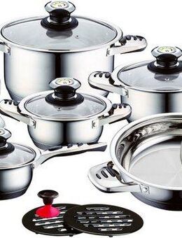 CS Koch-Systeme Topf-Set Aurich, Edelstahl (Set, 16-tlg., Bratentopf 16/20/24cm, Stieltopf 16cm, Pfanne 24cm, Einsatz, Schüssel), 16-teilig, Induktion