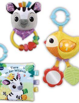 Vtech® Greifspielzeug Vtech Baby, Babys Tierfreunde-Geschenkset (Set, bestehend aus Greifling, Stoffbüchlein und Rassel), aus recyceltem Material