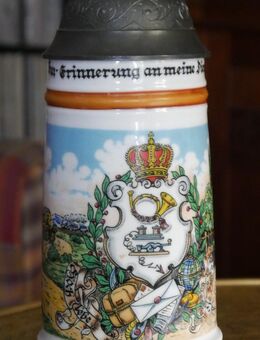 Bierkrug mit Zinndeckel - Porzellan , Soldat Mayer , Zur Erinnerung an meine Dienstzeit , Bodenbild - Lithophanie - Görlitz
