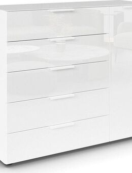 rauch Schubkastenkommode Kommode Türkommode Sideboard Kombikommode FLIPP mit Glasfront (Breite 120 cm mit 2 Einlegeböden), 1-türig, 5 Schubladen, Soft-Close-Funktion, Oberboden und Front Glas