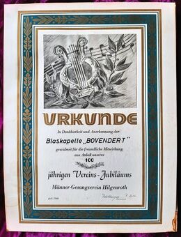Original alte Urkunde zum 100jährigen Vereins-Jubiläum  des Männer Gesangsvereins Hilgenroth - Niederfischbach
