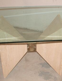 Eleganter Glas-Ess-Tisch mit Travertin-Fuß, gebraucht - Ratingen