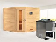 Karibu Sauna "Leona" mit Energiespartür Ofen 9 kW Bio externe Strg modern, BxTxH: 231 x 231 x 198 cm, 38 mm, aus hochwertiger nordischer Fichte