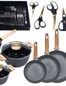 KING Topf-Set Essential 21, Aluminiumguss (Set, 51-tlg., 3Töpfe,5Messer,Messerblock,3Pfannen,Etui,Menü-+Kuchenbesteck,5Schere), Holzoptik, Induktion