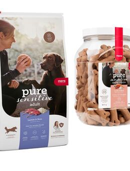 mera pure sensitive Kombi-Paket: 12,5 kg Trockenfutter + 3 x 600 g Goody Snacks - Adult Lamm & Reis 12,5 kg + Goody Snacks Lachs & Reis 3 x 600 g