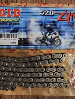 Absolut neuwertige offene, verstärkte Kette DID 520 ZVM-X, 104 Glieder, inklusive Nietschloß, Silber, X-Ringe - Unterleinleiter