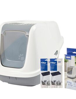 Savic Katzentoilette Nestor - Starterset: Toilette hellgrau/weiß + 2 extra Filter + 12 Bag it up