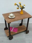 Beistelltisch auf Rollen, Sofatisch, Nußbaum +Teak Upcycling aus altem Babywagen in 53489