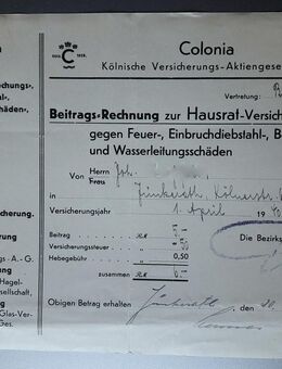 Alte Beitragsrechnung von 1940 der Colonia – Kölnische Versicherungs Aktiengesellschaft - Niederfischbach