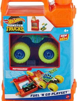 Hot Wheels Spielzeug-Monstertruck Fuel N’ Go-Spielset mit Motosaurus-Spielzeugtruck, inkl. 2 zerdrückte Autos