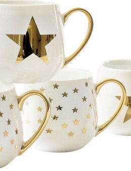 Retsch Arzberg Becher GOLD STAR, Porzellan, zwei verschiedenen goldenen Sterndekoren im Set sortiert, 4-teilig