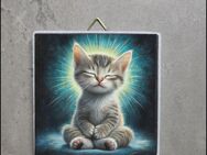 Katzenbild, Meditierende Katze, Yoga Katzenbild auf Mamorfliese, Meditationsbild, Yogabild - Bochum