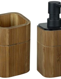 WENKO Badaccessoire-Set Modell Serro, 2 tlg., Seifenspender und Zahnbürstenhalter aus stabilem Bambus