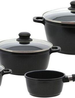Elo Basic Topf-Set Black Cast, Aluminiumguss (Set, 7-tlg., 3 Töpfe mit Deckel, 1 Stielkasserolle), mit hochwertiger Antihaftversiegelung, Induktion