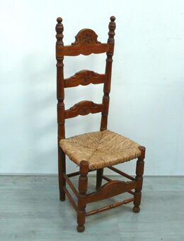 Antiker Holz Stuhl mit Strohsitzfläche, hohe gerade Lehne, Ankleidestuhl, um 1900 - Sinzig