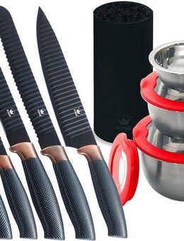 KING Messerblock FRESHIN CARBON DESIGN (12tlg), Edelstahl-Schüsseln, Kunststoffdecken, Messerklingen m. Riffelstruktur