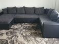Wohnlandschaft U-Form, Sofa, Couch, Kunstleder & Leinenoptik | 3,02 m | Schwarz in 92242