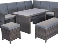 KONIFERA Gartenlounge-Set Paris, (Set, 17-tlg., 2x 3er Bank, 1x Sitzbank, 1x Hocker, 1x Tisch 140x80x67cm, Aluminium), inkl. Auflagen/Schutzhülle, Polyrattan, Rückenlehne verstellbar