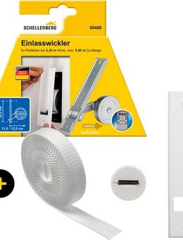 SCHELLENBERG Einlass-Gurtwickler inkl. Abdeckplatte, Gurtführung, Rollladengurt grau oder weiß, Set, 1-tlg., Unterputz Gurtwickler 18,5 cm Lochabstand für das Rollladensystem Maxi