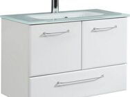 Saphir Waschtisch Quickset Glaswaschtisch mit Unterschrank, 74 cm breit, Waschplatz, Griffe in Chrom Glanz, inkl. Türdämpfer, 2 Türen, 1 Schublade