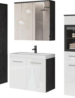 welltime Badmöbel-Set MADRIT II, Schrank mit Waschbecken, 2 Hänger, Spiegelschrank, (Komplett-Set, 5-St), Hängende Badmöbel mit Glaseinsätzen – in vielen Farben erhältlich