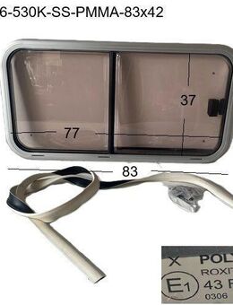 Original LMC Wohnwagen/Wohnkabine/Wohnmobil Schiebefenster ca 83 x 42 bzw 77 x 37 gebr. (ohne Innenrahmen) Schiebescheibe Ausschnitt 77x37 Polyplastic Roxite PMMA 43R-001745 0306 (zB LMC 530K BJ 2006) - Schotten Zentrum