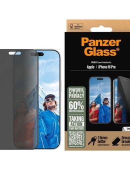 PanzerGlass Displayschutzglas Privacy Screen Protection für Apple iPhone 16 Pro, Displayschutzfolie, Schutzfolie, Bildschirmschutz, kratz- & stoßfest