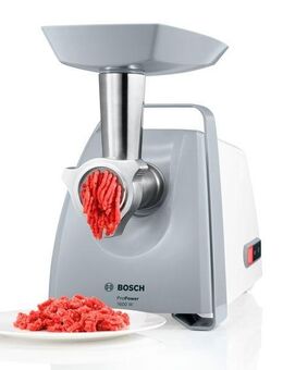 BOSCH Fleischwolf ProPower MFW45020, 1600 W Blockierlei., Rücklauf, 3 Lochscheiben, weiß, 500 W, Edelstahl Loch-Scheiben 3,8 + 8mm, Stopfer, Kebbe-, Wurst-Aufsatz