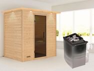 Karibu Sauna "Sonja" mit graphitfarbener Tür und Kranz Ofen 9 kW integr. Strg, BxTxH: 224 x 160 x 202 cm, 38 mm