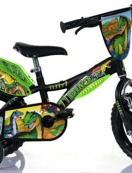 Dino Kinderfahrrad Dinosaurier T-Rex 12 Zoll, 1 Gang, mit Stützrädern, Frontschild und coolen Schutzblechen